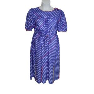 VINTAGE 70s dress blue striped puff sleeve tie‎ waist midi M